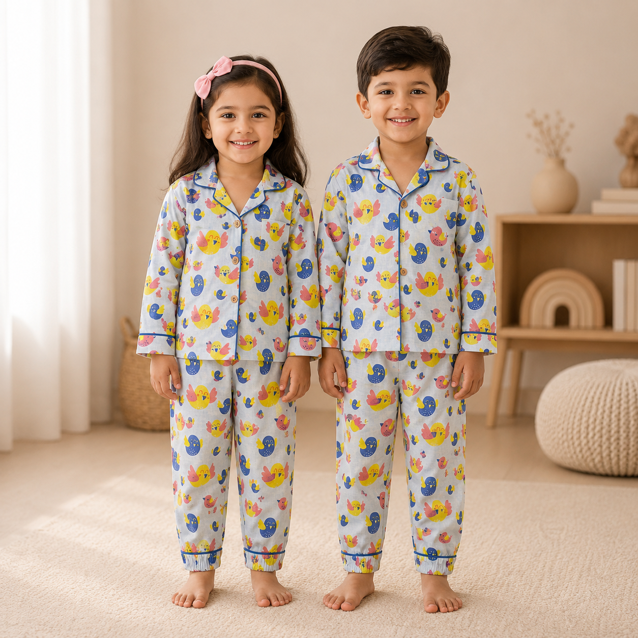 Chirpy Birds Kids Unisex Collar Night Suit